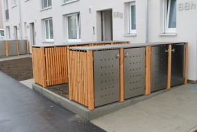 2er-Mülltonnenbox Reihenanlage starres Dach - Eckpfosten und Wände Holz Lärche senkrecht