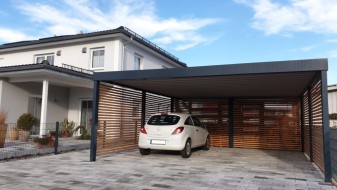 Doppel-Carport aus Stahl mit Geräteraum hinten - BRANDL