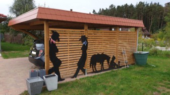 Doppel-Carport aus Holz mit Schindelblende und Bogenpfosten einseitig - BRANDL