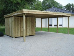 Doppel-Carport aus Holz mit Flachdach + Abstellkammer (Geräteraum) + Holzblende - BRANDL