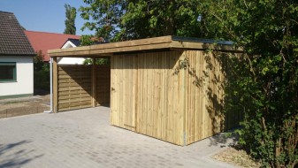 Einzel-Carport Holz Massanfertigung Abstellkammer (Geräteraum/Schuppen) daneben + Holzblende - BRANDL