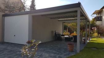 STAHL-Einzelgarage mit Schwingtor + Anbau-Carport - BRANDL