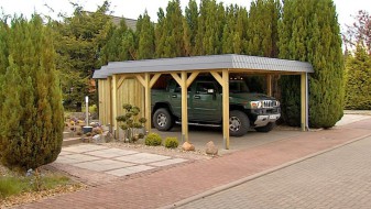 Doppel-Carport aus Holz (Massanfertigung) + Abstellkammer (Geräteraum/Schuppen) + Schindelblende in anthrazitgrau - BRANDL