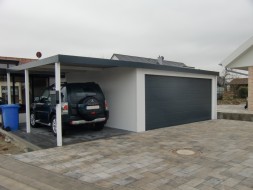 Doppelgarage mit Großtor (Großraumgarage) aus STAHL + Anbau-Carport - BRANDL