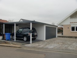 Doppelgarage mit Großtor (Großraumgarage) aus STAHL + Anbau-Carport - BRANDL