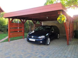 Doppel-Carport aus Holz + Bogenpfosten einseitig + Schindelblende in ziegelrot - BRANDL