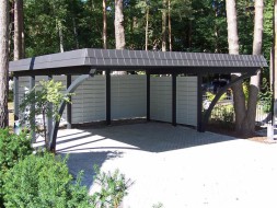 Doppel-Carport aus Holz mit Bogenpfosten einseitig + Schindelblende in anthrazitgrau - BRANDL