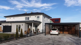 Doppel-Carport aus Stahl mit Geräteraum hinten - BRANDL