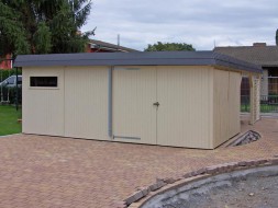 Doppel-Carport aus Holz (Massanfertigung) + Abstellkammer (Geräteraum) + Schindelblende in anthrazitgrau + Dichtzaun diagonal - BRANDL