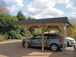 Doppel-Carport aus Holz mit Flachdach + Schindelblende in anthrazitgrau -BRANDL