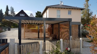 Doppel-Carport aus Stahl mit Geräteraum (Abstellkammer) hinten - BRANDL