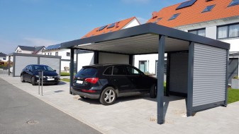 Doppel-Carport aus Stahl – mit Geräteraum (Abstellkammer) seitlich angebaut - BRANDL