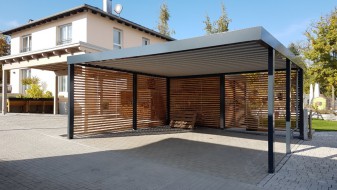 Doppel-Carport aus Stahl mit Geräteraum (Abstellkammer) hinten - BRANDL