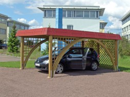 Einzel-Carport aus Holz mit Rundbogen beidseitig + Rankgitter + Kassettenblende in ziegelrot - BRANDL