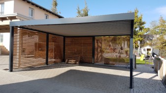Doppel-Carport aus Stahl mit Geräteraum (Abstellkammer) hinten - BRANDL