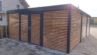 Doppel-Carport aus Stahl mit Geräteraum hinten - BRANDL