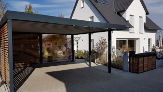 Doppel-Carport aus Stahl mit Geräteraum (Abstellkammer) hinten - BRANDL