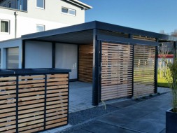 Mülltonnenbox, Mülltonneneinhausung, Mülltonnendepot neben DESIGNO-Carport aus Stahl