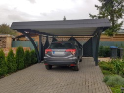 Einzel-Carport aus Holz mit Bogenpfosten beidseitig + Wandelemente: Schindelblende in anthrazitgrau - BRANDL