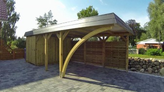 Einzel-Carport aus Holz + Bogenpfosten einseitig + Abstellkammer (Geräteraum/Schuppen) + Wandelemente: Schindelblende in anthrazitgrau - BRANDL