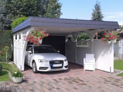Einzel-Carport aus Holz + Bogenpfosten einseitig + Schindelblende in anthrazitgrau + Wandelemente in Weiß bauseits - BRANDL