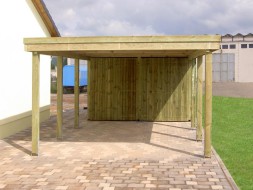 Einzel Carport aus Holz mit Flachdach + Abstellkammer (Geräteraum) + Holzblende - BRANDL