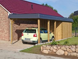 Einzel-Carport aus Holz mit Flachdach + Abstellkammer (Geräteraum) + Schindelblende in anthrazitgrau - BRANDL