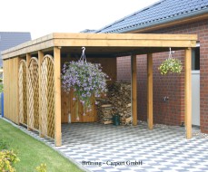 Carport mit Geräteraumeinbau, Holzblende, Sichtschutzwände