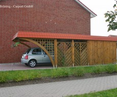 Carport, Flachdach, Schindelblende ziegelrot, Bogenpfosten