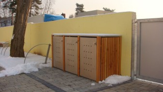 3er-Mülltonnebox starres Dach - Eckpfosten und Wände Holz Lärche senkrecht