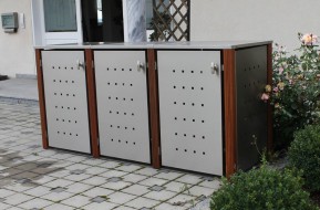 3er Mülltonnenbox starres Dach - Eckpfosten Holz Bangkirai