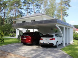 Doppel-Carport aus Holz + Bogenpfosten zweiseitig + Abstellkammer (Geräteraum/Schuppen) + Schindelblende in anthrazitgrau - BRANDL