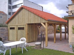 Doppel-Carport aus Holz mit Giebeldach/Satteldach + Abstellkammer (Geräteraum/Schuppen) - BRANDL