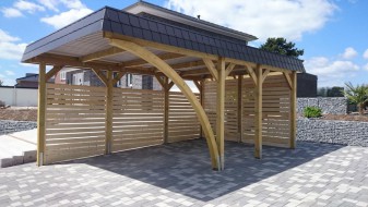 Einzel-Carport aus Holz + Bogenpfosten einseitig + Schindelblende anthrazitgrau - BRANDL