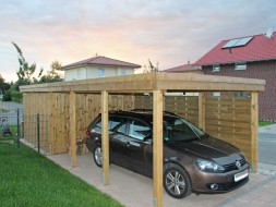 Einzel Carport aus Holz mit Flachdach + Abstellkammer (Geräteraum) + Holzblende - BRANDL