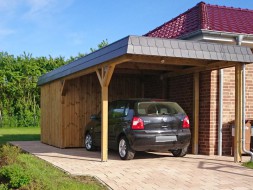 Einzel-Carport aus Holz mit Flachdach + Abstellkammer (Geräteraum) + Schindelblende anthrazitgrau - BRANDL
