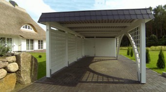 Einzel-Carport aus Holz mit Rundbogen einseitig + Rankgitter + Abstellkammer (Geräteraum/Schuppen) + Schindelblende in anthrazitgrau - BRANDL