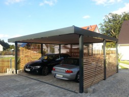 Doppel-Carport aus Stahl – mit Geräteraum (Abstellkammer) hinten - BRANDL