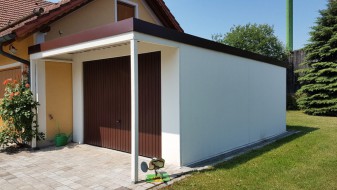 Einzelgarage aus Stahl mit Schwingtor + Anbau-Carport davor (Vordach) - BRANDL