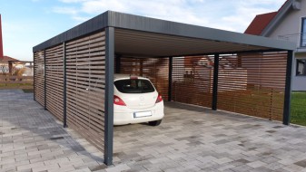 Doppel-Carport aus Stahl mit Geräteraum hinten - BRANDL