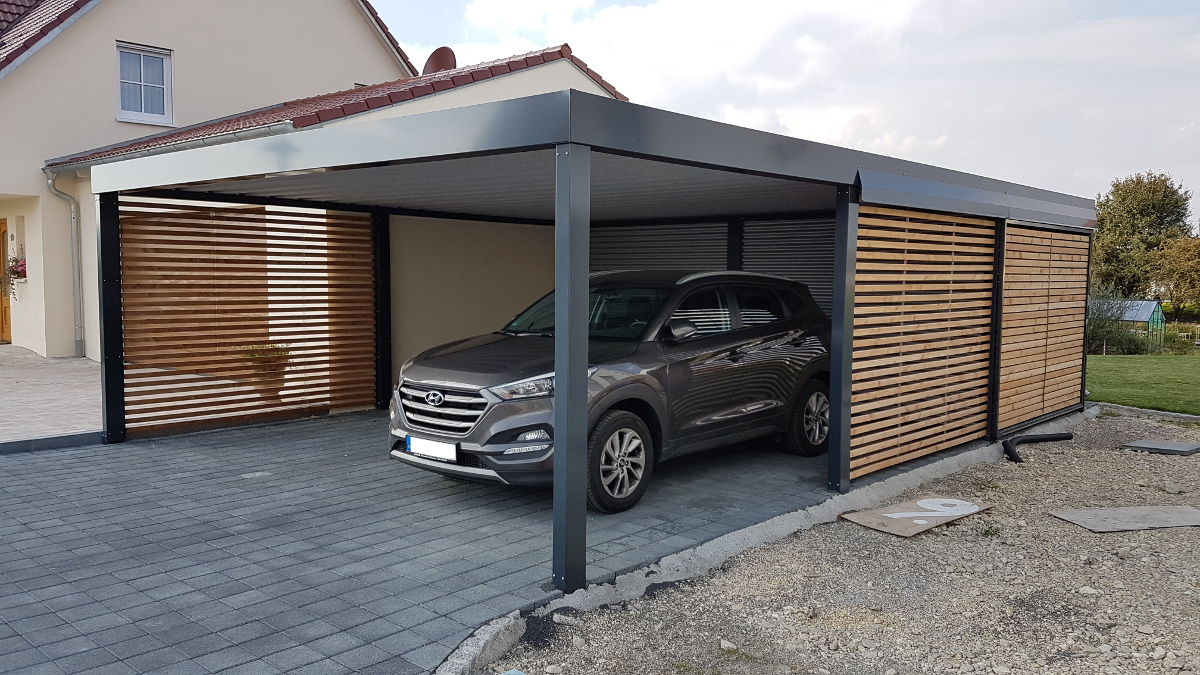 Doppel-Carport mit Geräteraum (Abstellraum) hinten integriert - BRANDL