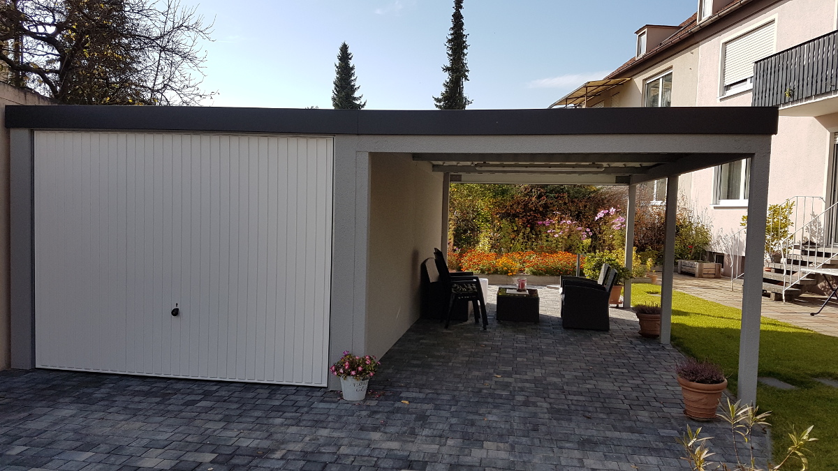 STAHL-Einzelgarage mit Schwingtor + Anbau-Carport - BRANDL