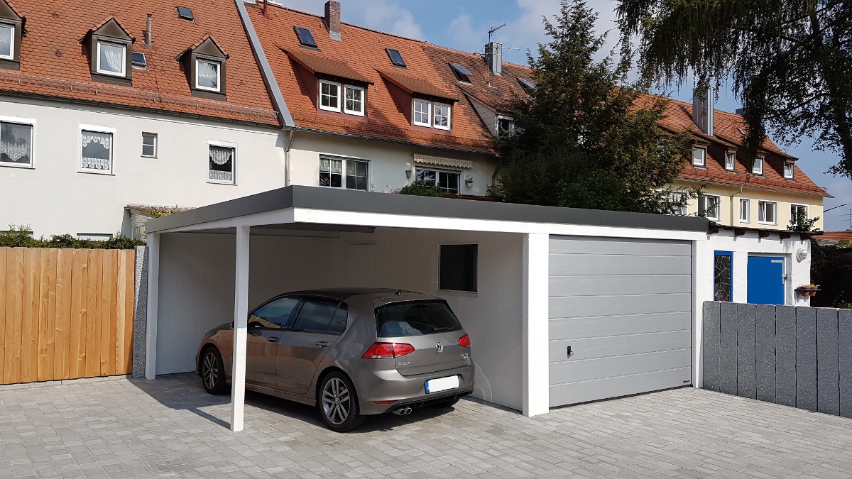 STAHL-Einzelgarage mit Sektionaltor + Anbau-Carport - BRANDL