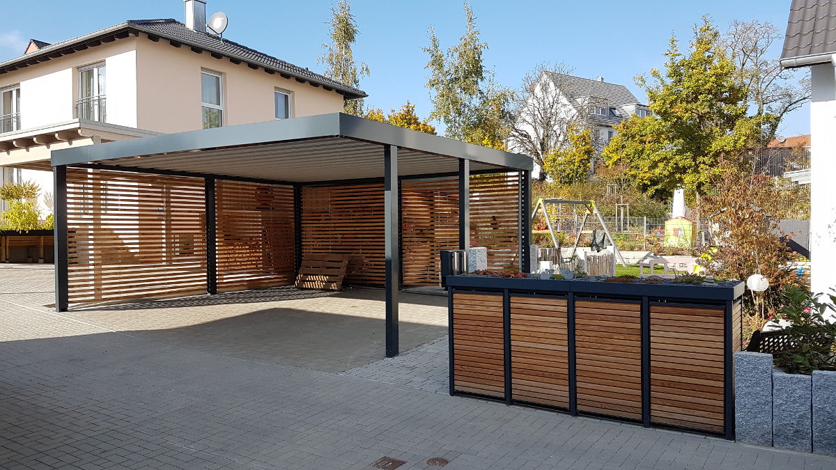 Doppel-Carport aus Stahl mit Geräteraum (Abstellkammer) hinten - BRANDL