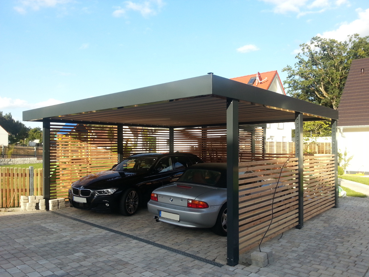 Doppel-Carport aus Stahl – mit Geräteraum (Abstellkammer) hinten - BRANDL