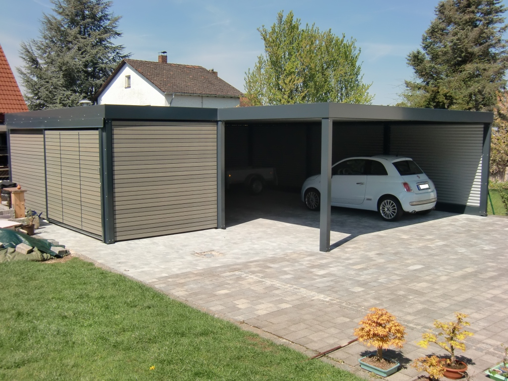 Doppel-Carport aus Stahl – mit Geräteraum (Abstellkammer) seitlich - BRANDL