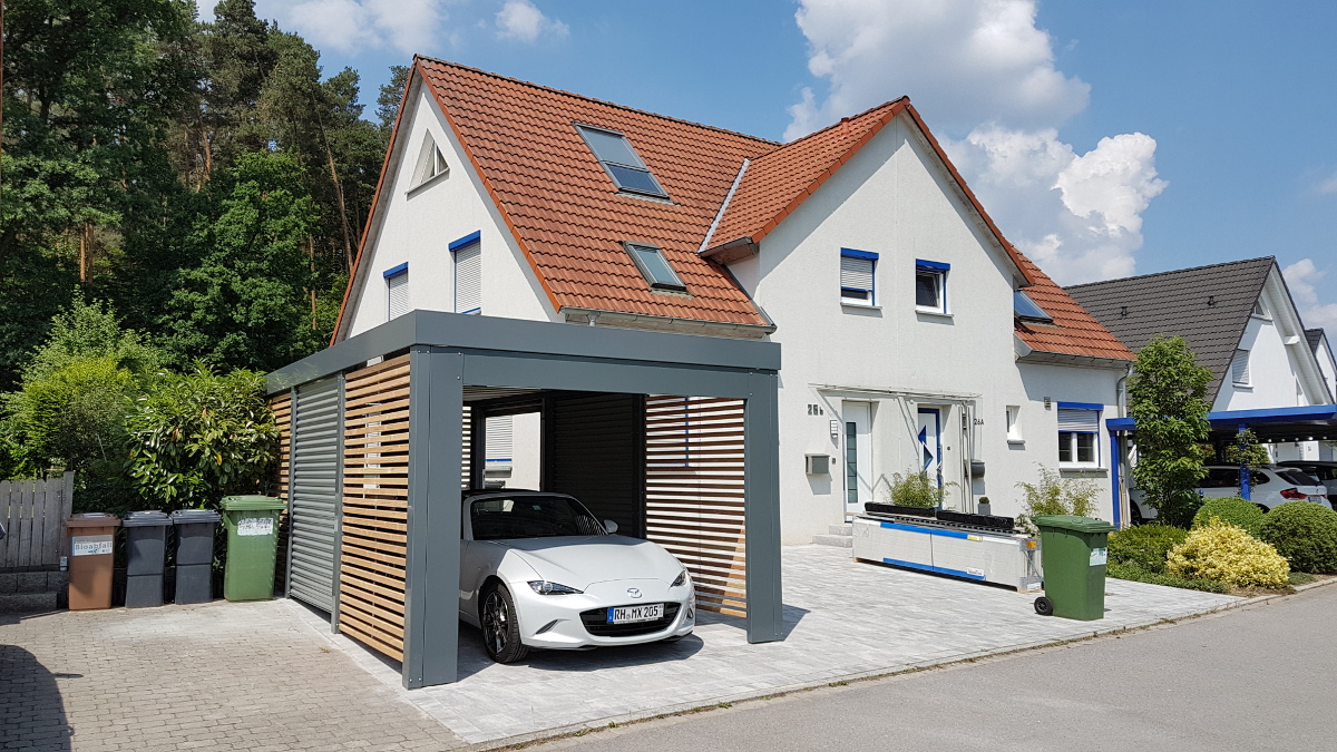 Einzel-Carport aus Stahl + Geräteraum (Abstellkammer) hinten - BRANDL