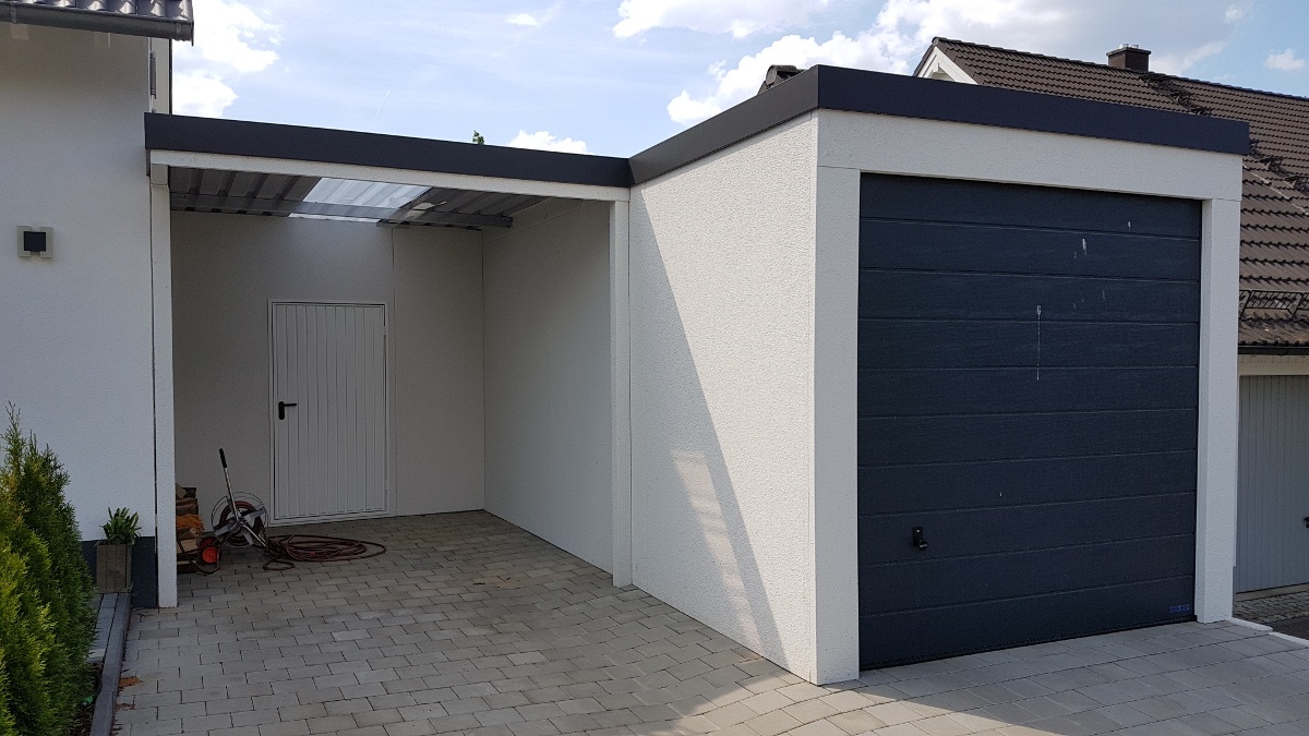 STAHL-Einzelgarage mit Sektionaltor + Anbau-Carport + Geräteraum hinten quer - BRANDL